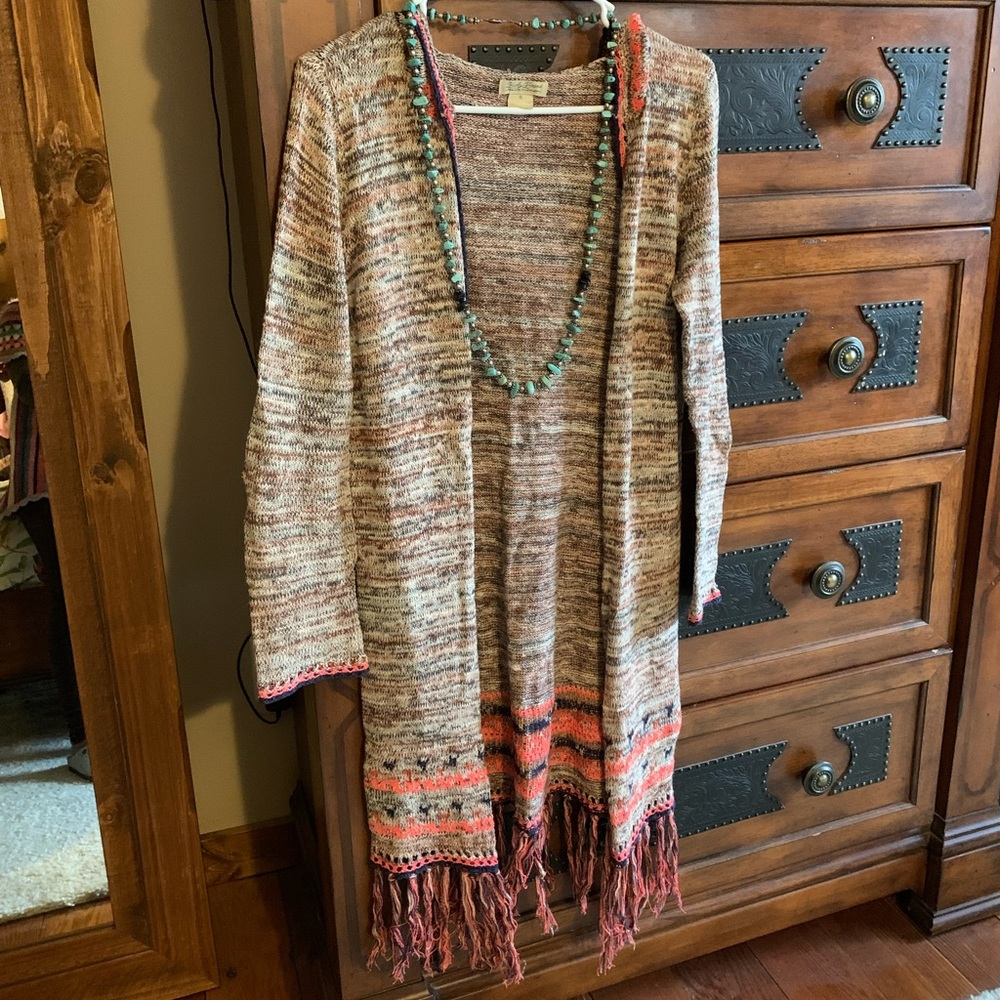 Lucky Brand S cotton knit cardigan sweater fringe frayed boho hippie hood open
